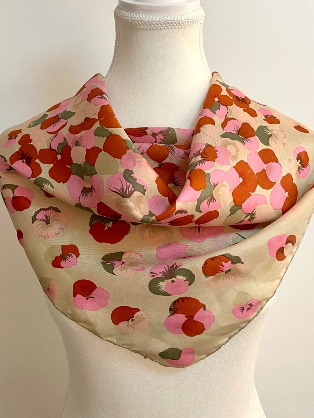 Italian Silk Floral Scarf 26x26 Pansy Print Hand Rolled Edges